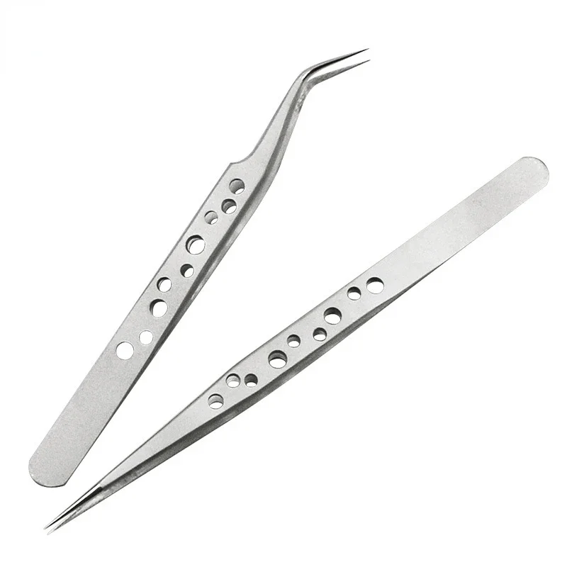 Elbow Pointed DIY Tweezers Clip Electronic Mobile Phone Maintenance Tools High Precision Stainless Steel Tweezers Holes