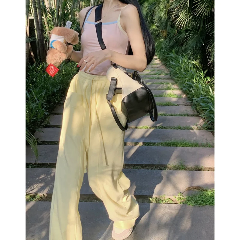 

Желтые новые винтажные спортивные брюки светильник, модные прямые брюки с высокой талией и широкими штанинами, уличные повседневные тонкие мешковатые брюки для женщин