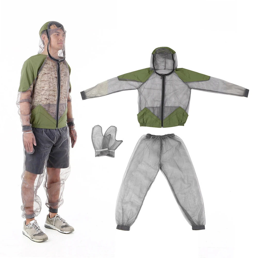 Outdoor Mosquito Repellent Suit Mesh Hooded Suits Fishing Hunting Camping Clothes Insect Protective Mesh Shirt Gloves Pants Set