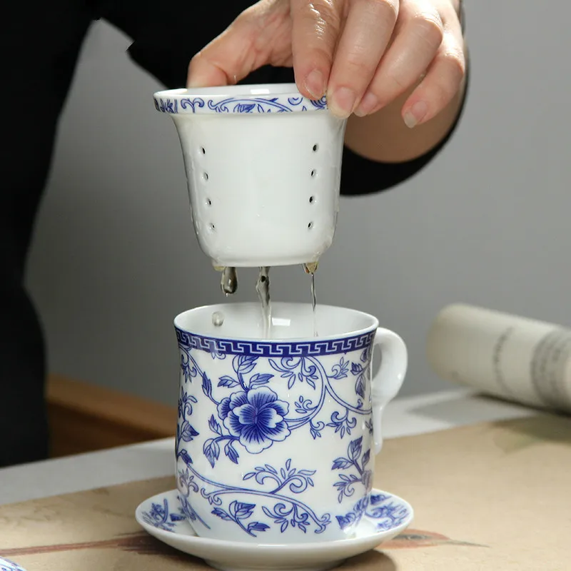 270ml Golden Dragon Ceramic Blue Porcelain Tea Cup Coffee Mug lid Infuser Filter 