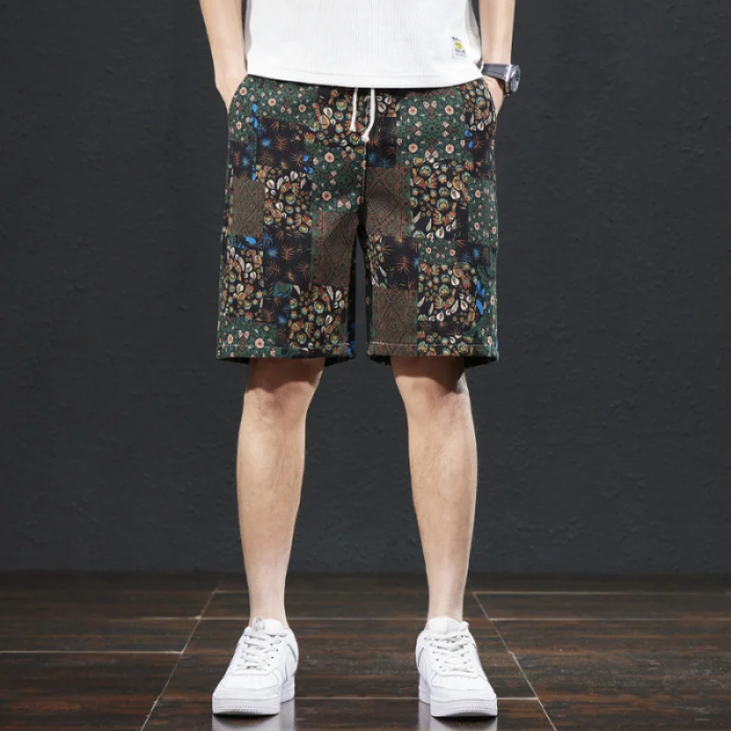 Beach pants men's summer thin ethnic style printed capris, trendy loose, elastic, breathable BOY's shorts 6