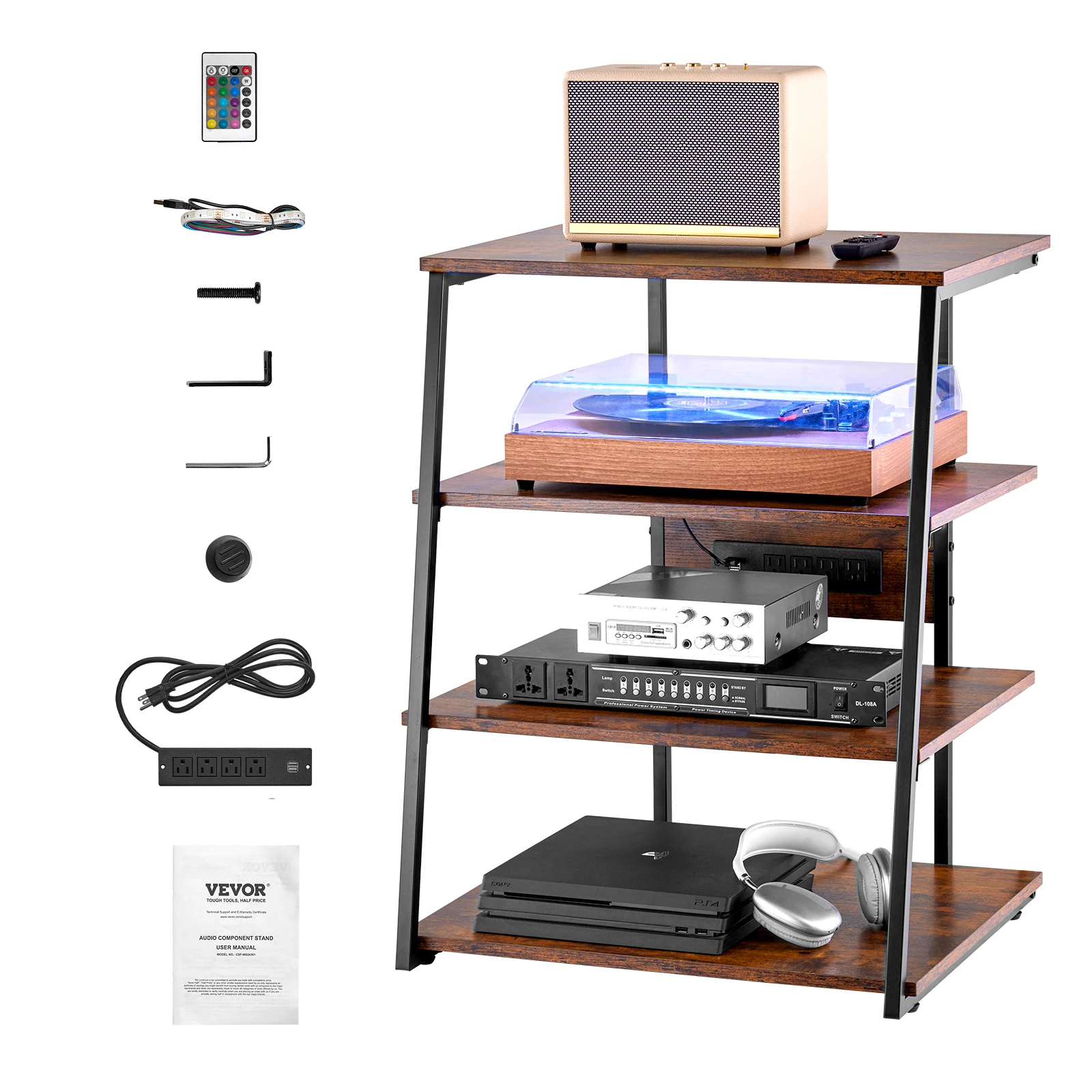 Wooden AV Media Stand with Power Strip for Home Theater