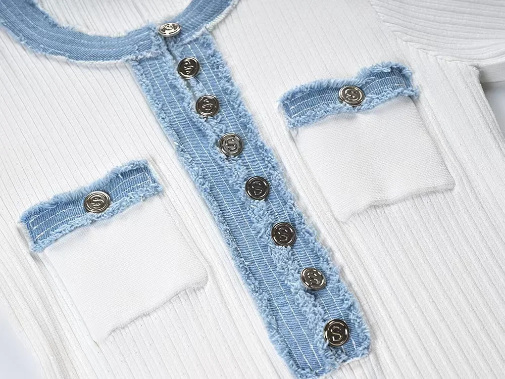 Elegante vestido largo de punto en contraste para mujer, elegante vestido ajustado con cuello redondo, manga corta y botones metálicos, para oficina y para ir al trabajo.