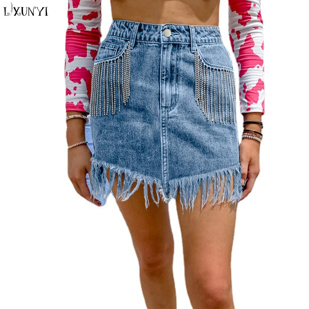 

Женская джинсовая юбка с бахромой, короткая джинсовая мини-юбка с высокой талией, лето 2023