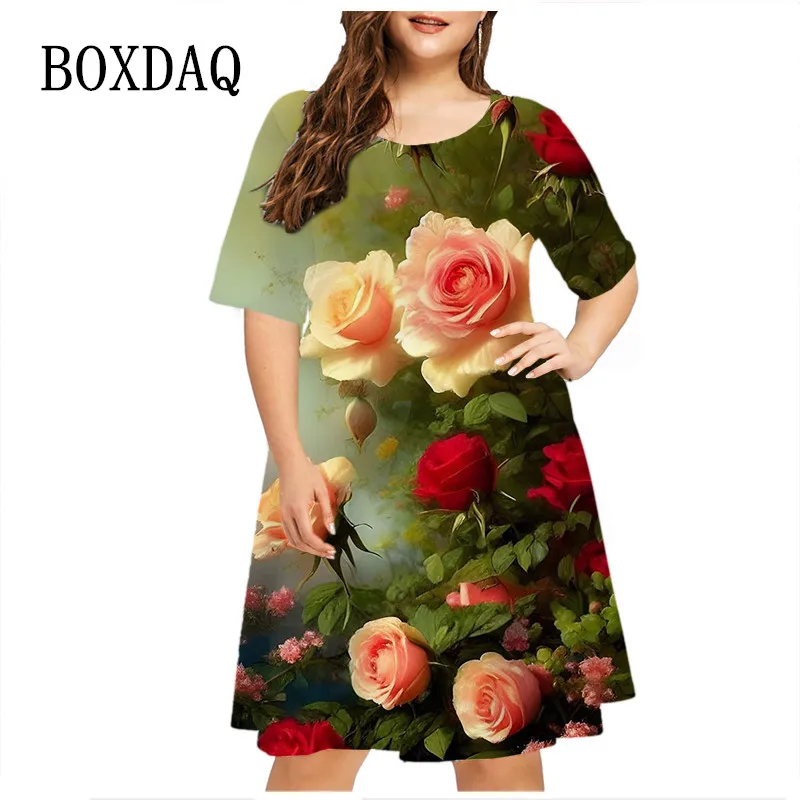 

Summer Vintage 3D Floral Print Dresses For Women Fashion Short Sleeve Loose Plus Size Dress Casual Female Clothes 6XL Sundress
