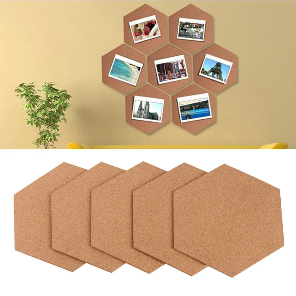 5Pcs 코르크 게시판 육각형 모양 빈티지 자연 색상 접착 스티커 메모 보드 타일 홈 오피스 벽 장식