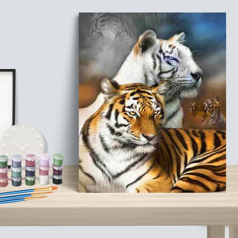 CHENISTORY Tiger farba według numeru dla dorosłych zestawy dla dzieci obrazy dekoracyjne malowanie numerami zwierząt ręcznie malowany prezent artystyczny