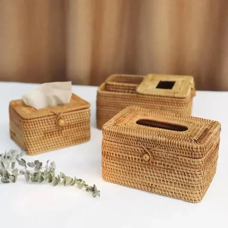 

Barthroom Hotel Storage Dispenser Towel Container Napkin Desktop Box Paper Household Office Holder Rattan Handmade Tissue Tissue