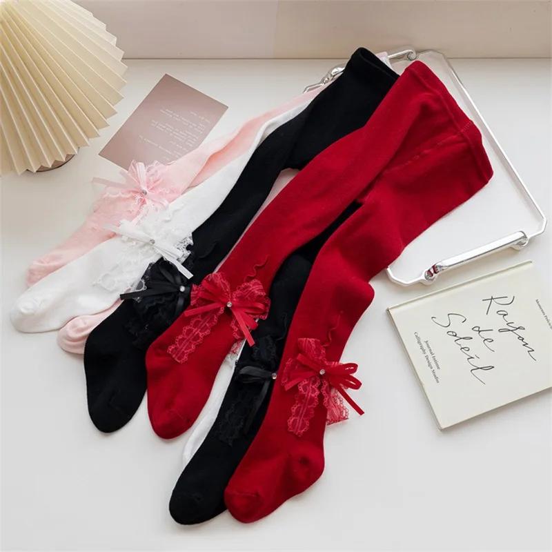 Toddler Kids Girls Stockings Cute Rhinestone Double Bowknot Lolita Princess Dance Ballet Tights High Waisted Footed Pantyhose
