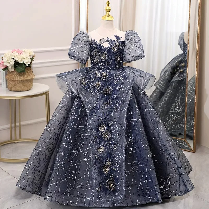 

Saudi Arabic Grey Blue Young Girl Pageant Prom Dresses O-Neck Flower Applique Kids Party First Communion Gown Children Formal