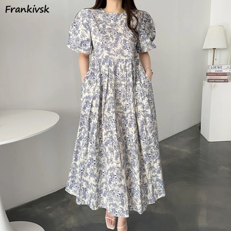 

Dresses Women Summer Korean Style O-neck Daily Floral Short Sleeve Design Youthful Tender Fashion Loose Casual Chic Breathable