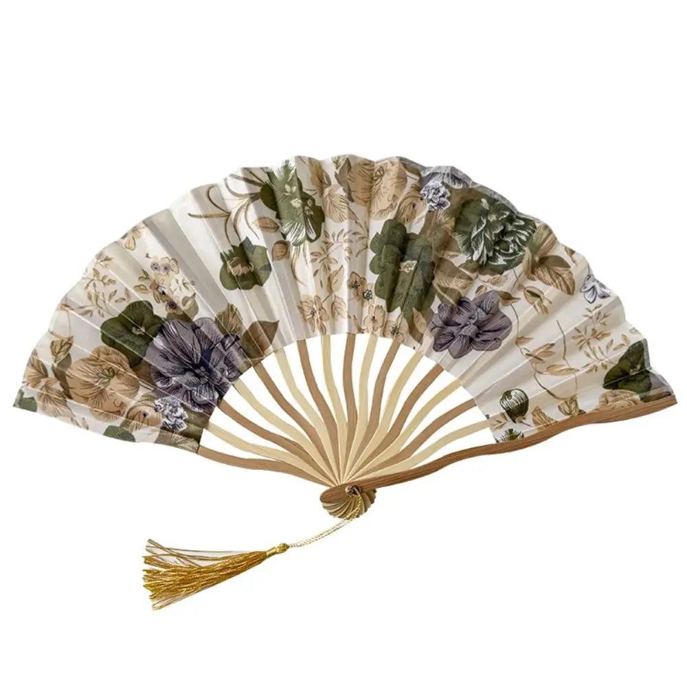 Chinese Style Silk Folding Fan Classical Flower Handheld Fan With Cover Tassel For Wedding