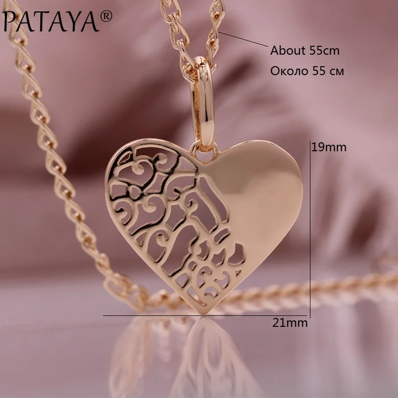 PATAYA New Glossy Luxury Pendant Necklaces 585 Rose Gold Color Women Gift Fashion Jewelry Heart-shaped Hollow Necklaces