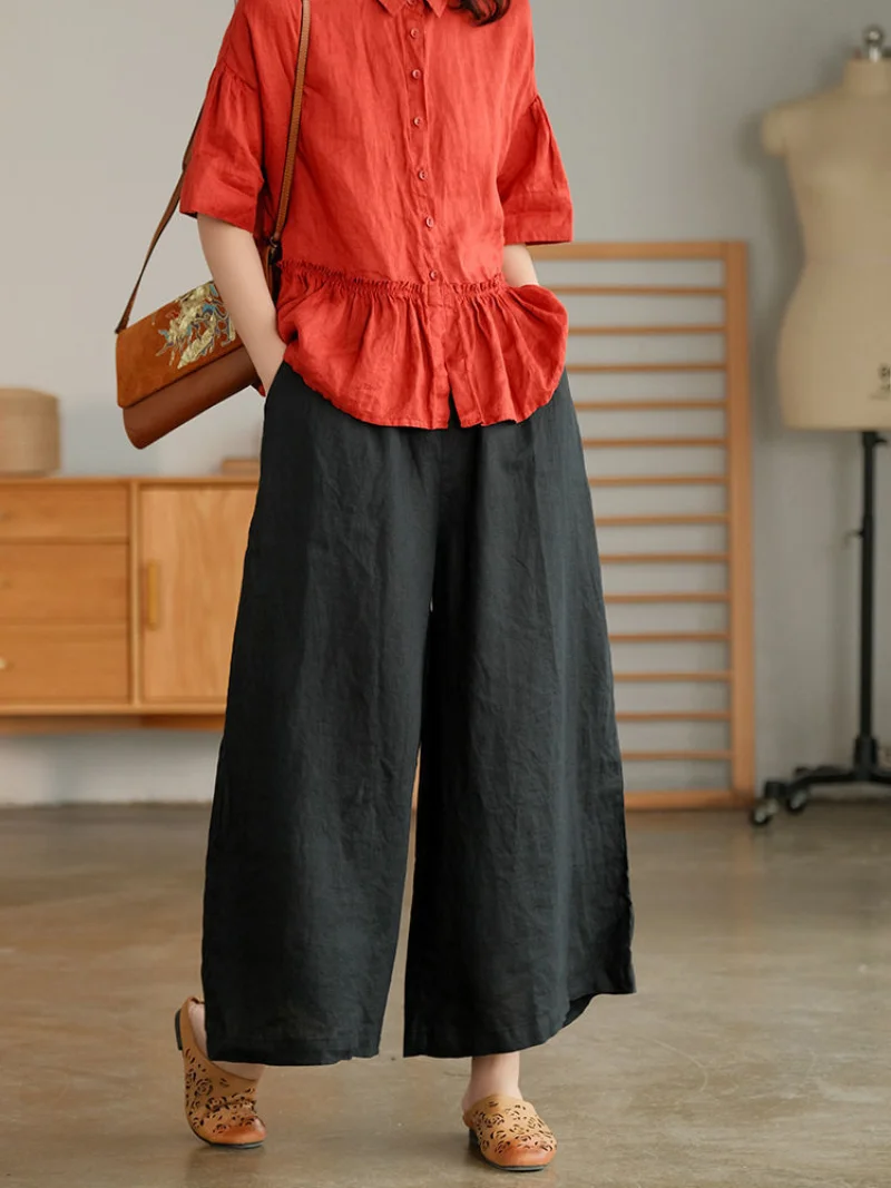 2023 Cotton Linen Home Wear Loose Pants for Women Summer Casual Wide Leg Trousers Purple Soft Capri Pants Women's Joggers New