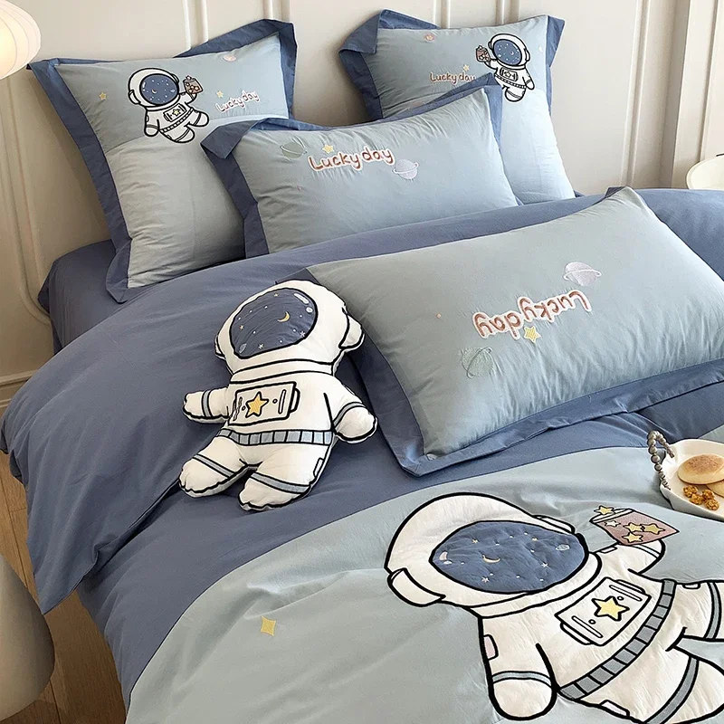 Blue Cute Cartoon Astronaut Embroidery 100% Cotton Boys Bedding Set Single Duvet Cover Set Bed Sheet Pillowcases Gifts For Child