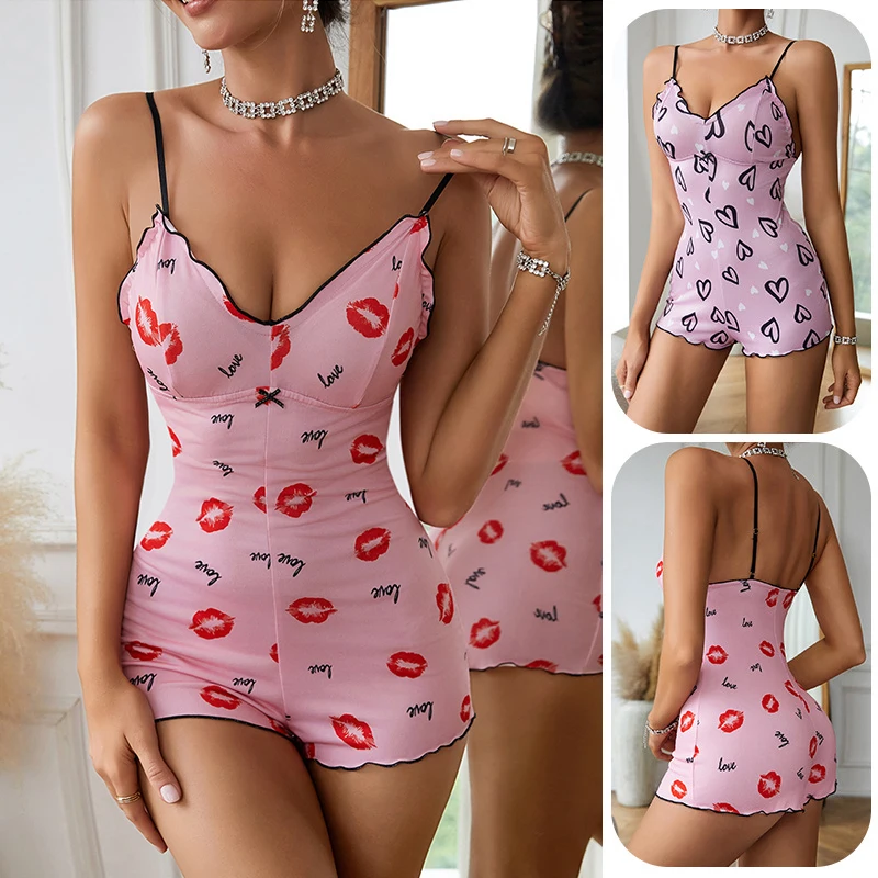 Women's Pajamas One Piece Pajamas Red Lip Printed Sleeveless Pijama Short Onesie Adults V-Neck Suspenders Funny Bodysuit