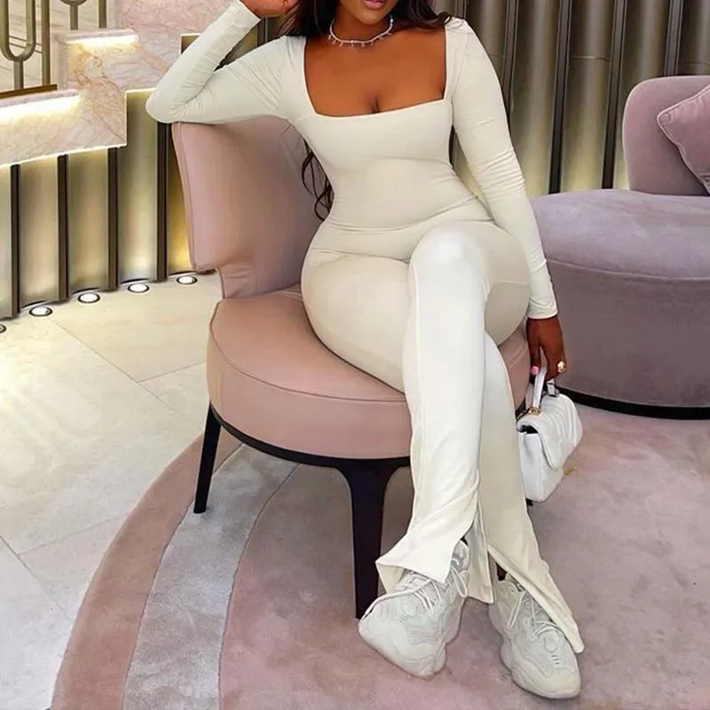 

Women 2024 Square Neck Split Slim Outwear Sexy Office Lady Jumpsuits Long Sleeve White Jumper Long Wide Leg Pants Jumpsuit L028