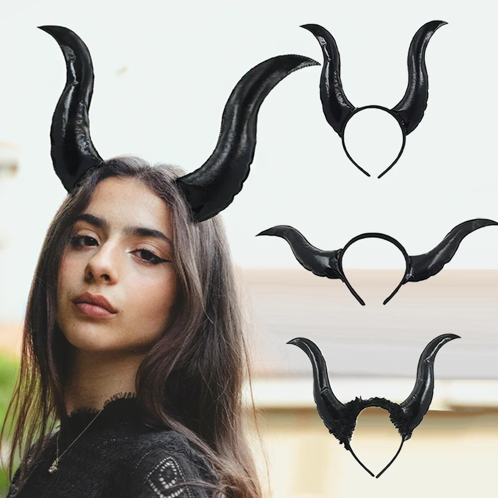 Demon Ox Horn Headwear Animal Halloween Cosplay Evil Witch Devil Black Queen Women Costume Hoop Hair Clip Accessories Props Sea
