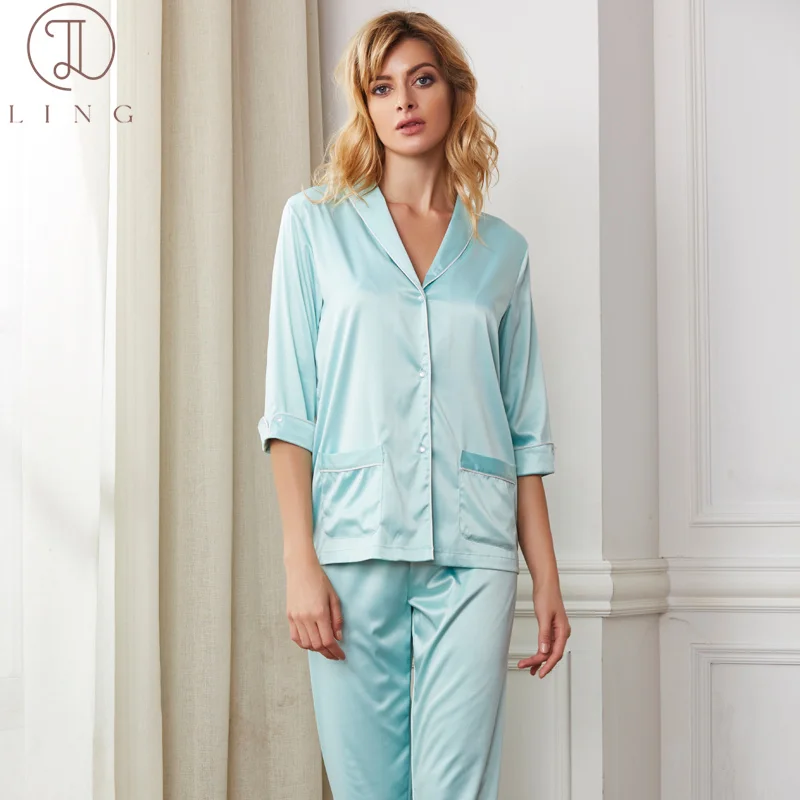 

Ling Silk Pajamas Sets Turn Down Collar Half Sleeve Sleepwear Sample Style Nightwear Pyjamas for Women 2 Pcs Sleep Lounge