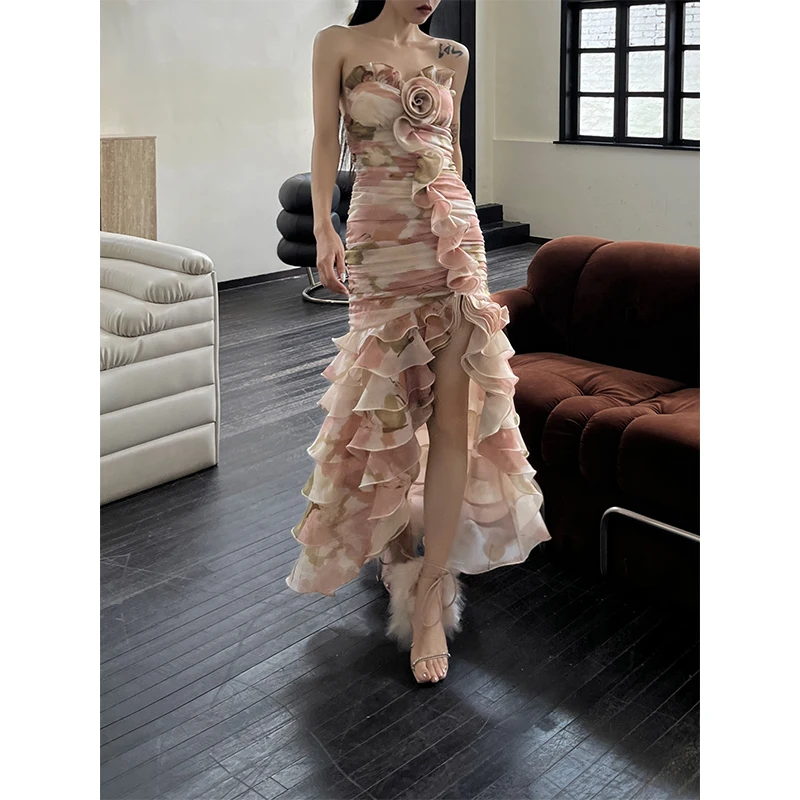 

Dress Women's Sleeveless Long Flower Print French Three-Dimensional Multi-Layer Ruffled Fishtail Graceful Spring and Autumn 1Pc