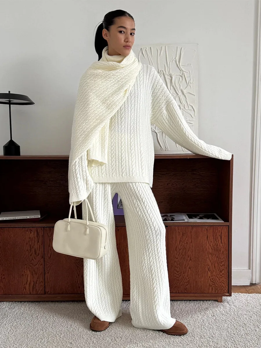 Bornladies  Autumn Winter Fashion Women's New Cable Knit Sweater Wide Leg Pants Set Soft Wool Blend Loose Fit High Neck Pullover