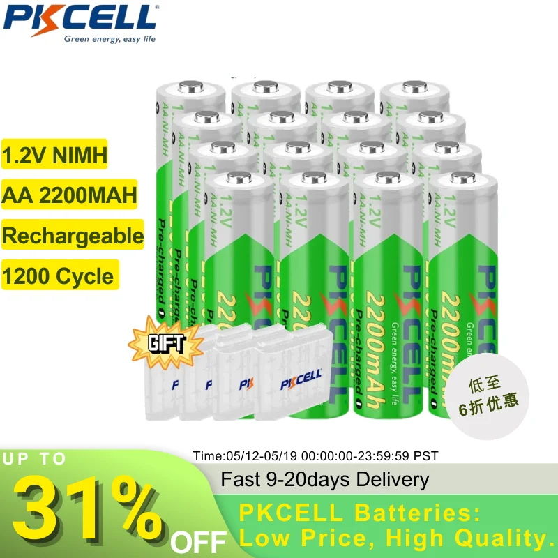Rechargeable nickel metal hydride batteries 1-16PC PKCELL NIMH 2200mAh AA Rechargeble Batteries 1.2V for Digital Camera Portable Video Toy