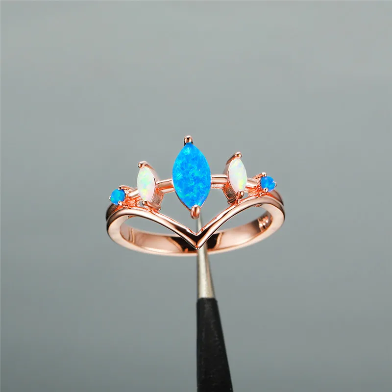 Luxury Female White Blue Fire Opal Stone Engagement Ring Trendy Rose Gold Color Wedding Jewelry Gift For Women