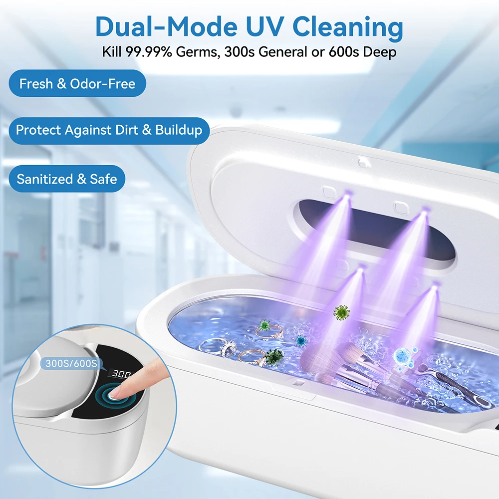 KUNPHY Ultrasonic Retainer Cleaner Machine 400ML 48kHz Dental Cleaning Pod with UV Digital Timer Dual Cleaning Modes for Glasses 1