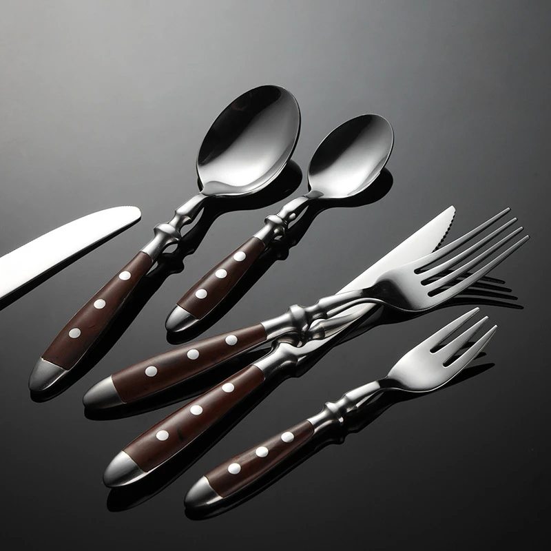 430 Stainless Steel Western Cutlery Set Point Rivets Wooden Handle Dinnerware Knife Fork Spoon Teaspoon for Kitchen western style cutlery set stainless steel cutlery set cutlery set