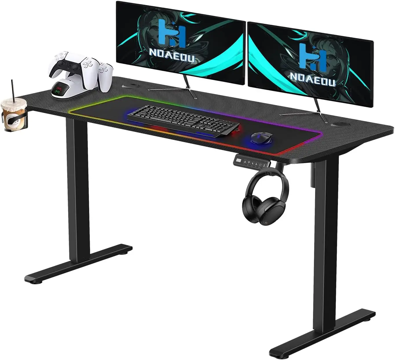 ، مكتب قائم مقاس 55 بوصة، محطات عمل طاولة كمبيوتر قابلة للتعديل كهربائيًا للمكتب المنزلي (قشرة من ألياف الكربون الأسود)