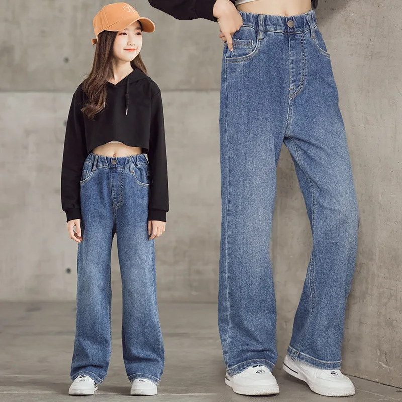 

Wide Leg Jeans for Girls Spring New Kids Straight Denim Pants With Buttons Loose Fashion Teenage Children's Causal Trousers
