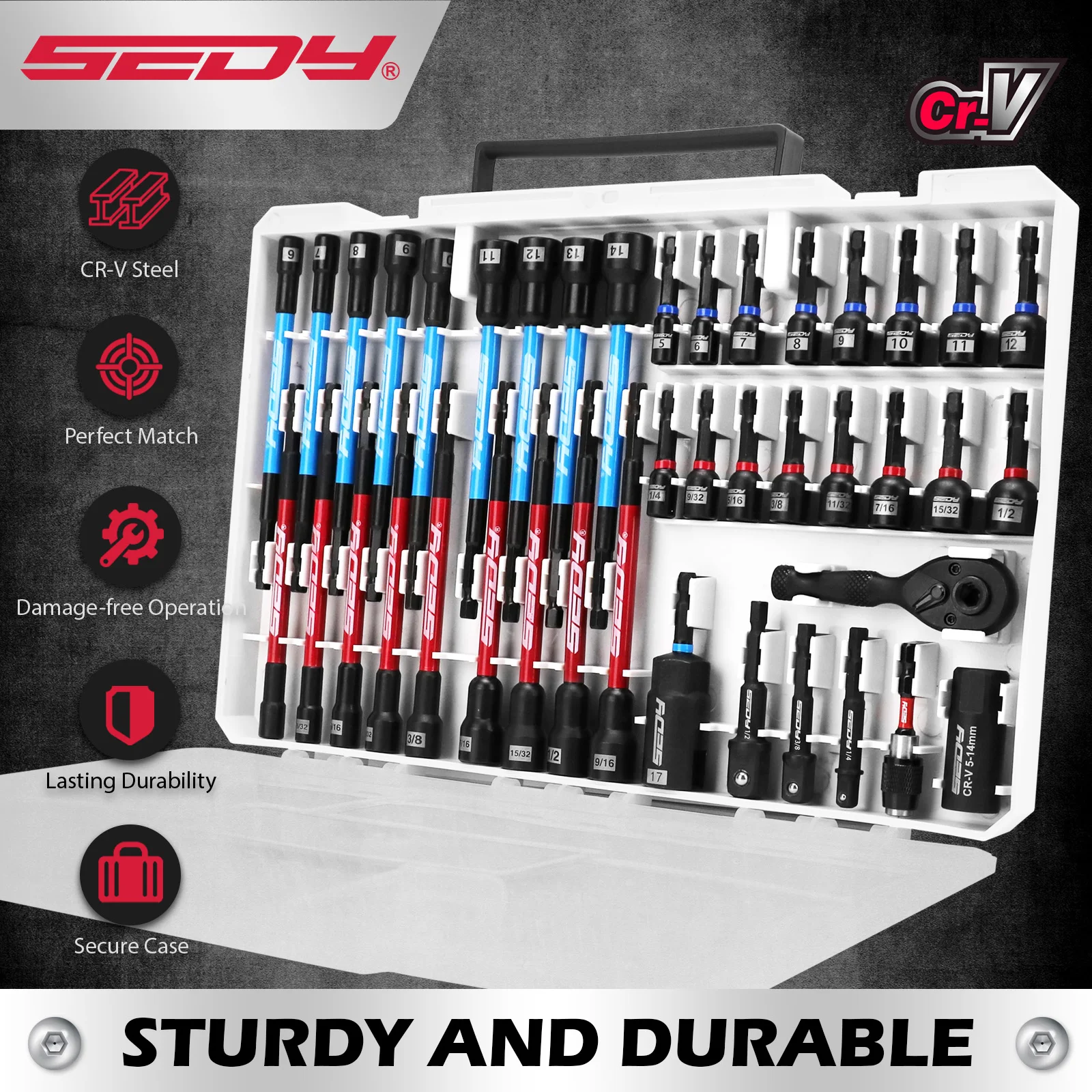 SEDY 41-Piece Premium 1/4" Drive Magnetic Impact Nut Driver Set Metric & SAE Standard & Deep with Socket Adapters