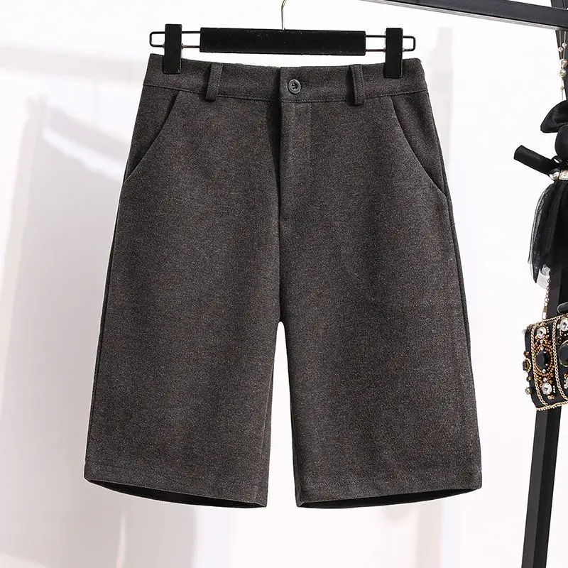 Women's Autumn Winter Solid Color High Waist Button Pockets Woolen Loose Elasticized Straight Casual All-match Wide Leg Shorts