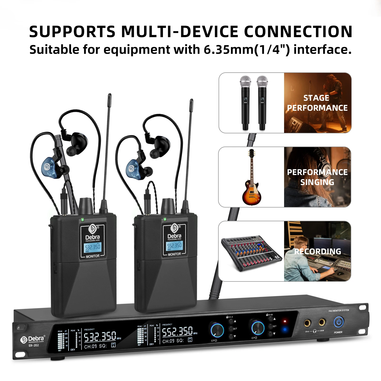 데브라 ER-202 무선 인이어 모니터링 시스템 (블루투스 5.0 및 UHF 기술 탑재, 무대 및 극장 공연용)