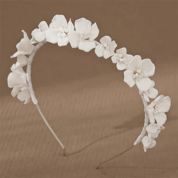 White Floral Hairband Tiaras with Ceramic Flowers Crown Wedding Headpieces for Birthday Stage Party hair jewelry accessories