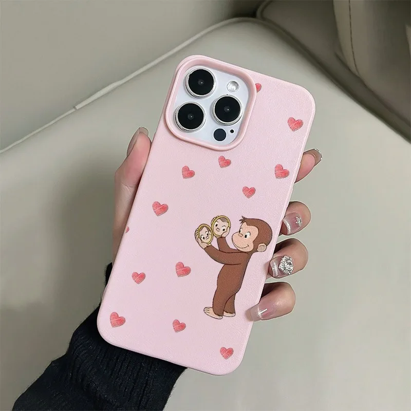 Playful Monkey Pink TPU Phone Case with Heart-Shaped Pattern