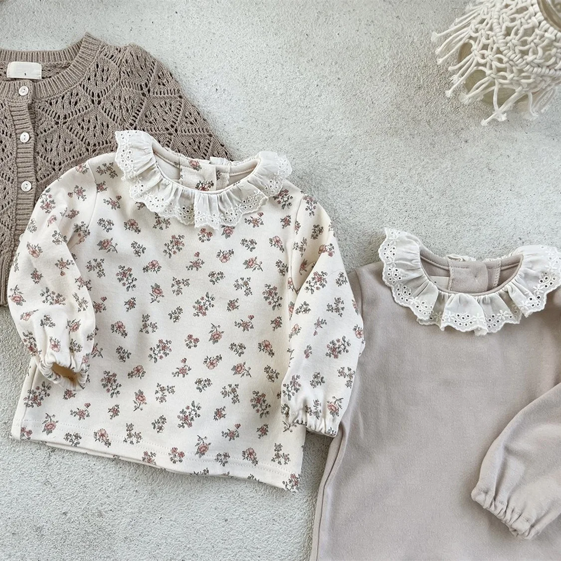 Summer Baby Girl Lace Long Sleeves Bottoming Shirt Infant Girl Cotton Flower Print Tops Toddler Boy Pure Color T-shirts