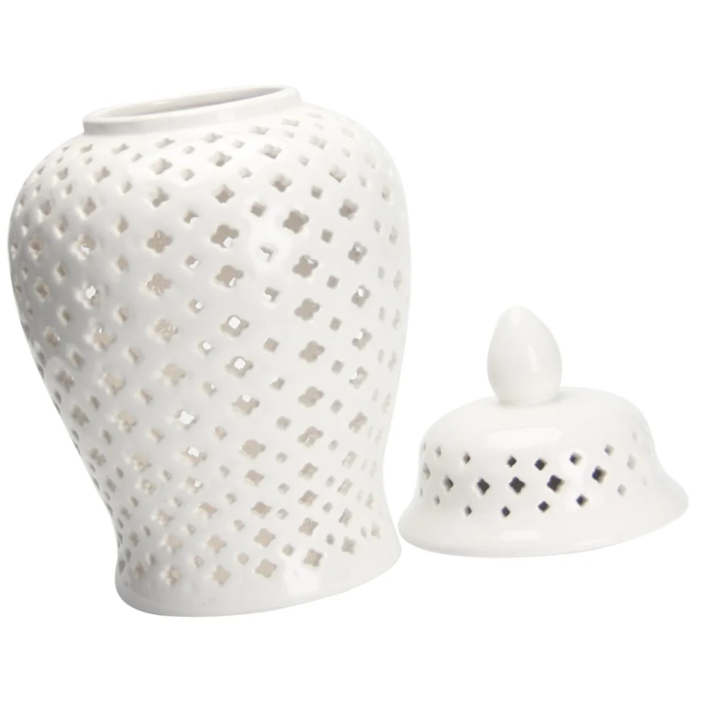 

Ginger Jar Traditional Ceramic Flower Vase Carved Lattice Decorative Temple Jar White Home Decor