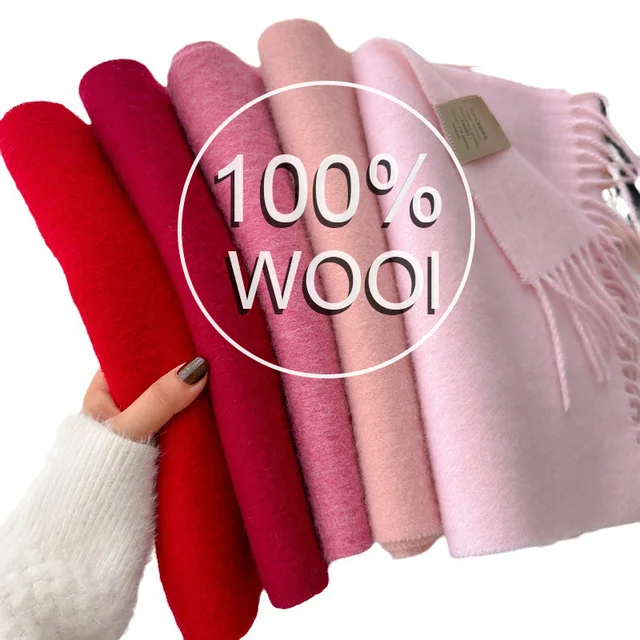 Luxury Winter 100% Wool Scarf Women Cashmere Handkerchief Warm Pashmina Female Shawl Solid Wrap Soft Bufanda Scarves Stole 2025
