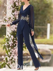 Pantsuit / Jumpsuit Mother of the Bride Dress Elegant V Neck Floor Length Chiffon Lace Long Sleeve With Appliques 2022