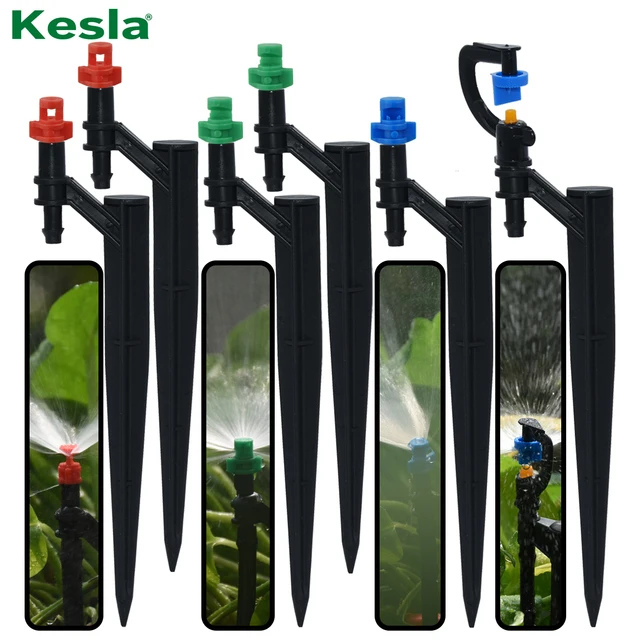 KESLA 20PCS 90/180/360 Degree Misting Nozzle 13cm Stake 1/4'' Barb Drip Irrigation Watering Garden Flower Irrigation Sprinkler