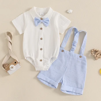 Toddler Baby Boy Gentleman Outfit Solid Color Short Sleeve Lapel Neck Romper with Stripe Suspender Shorts and Bowtie Clothes 1