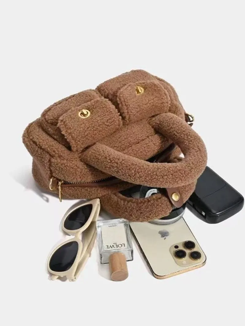 Women's Fashion Lamb Wool Retro Shoulder Bags Autumn Winter New Handbag Cute Patchwork Purse Messenger Bag Casual Crossbody Bags