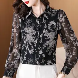 Spring and Autumn Women's Turn Down Collar Loose Long Sleeve Single Treated Printed Blouse Fashion Casual Office Lady Tops