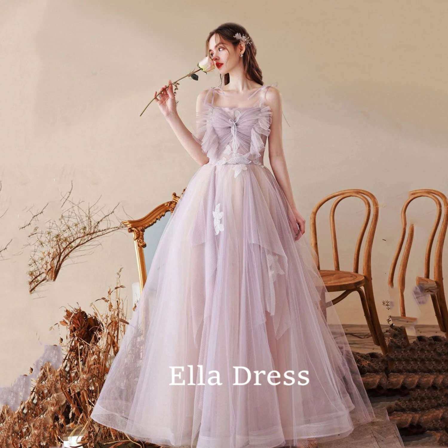 

Ella Sexy Lavender Off-the-shoulder Fairy Evening Gown With Appliqués and Delicate Floor-length Backless Graduation Gown Dresses