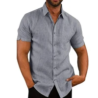Chemises d'Été en Coton et Lin pour Homme, Chemisiers Décontractés à Manches Courtes, Couleur Unie, Col Rabattu, Vêtements de Plage Formels 4