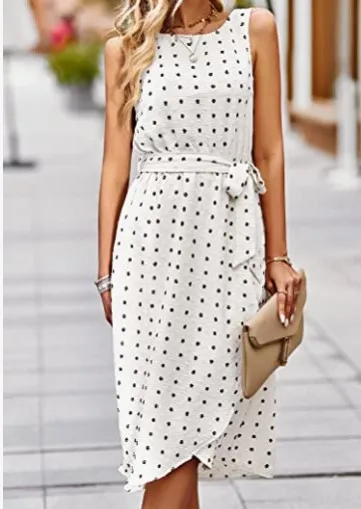 

New Women's Sexy Bohemian Dress Round Neck Sleeveless Polka Dot Butterfly Belt Elegant And Comfortable Commuter Street Skirt