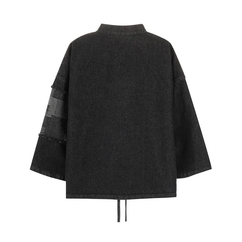 ABOORUN 남성용 패치워크 데님 재킷, 패션 가디건, 도교 로브 스트리트웨어