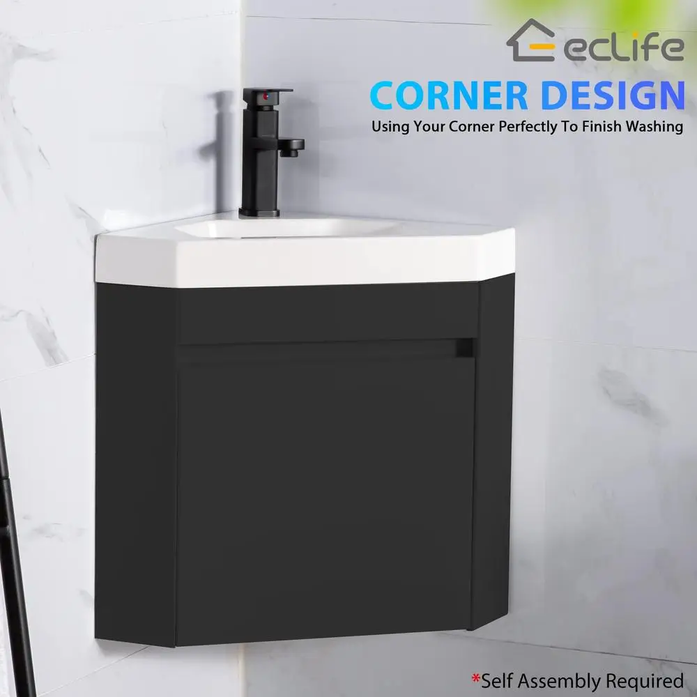 Corner Bathroom Vanity Sink Combo Wall Mounted with White Resin Sink Matte Black Faucet Space Saving Floating Design Durable MDF 4