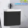 Corner Bathroom Vanity Sink Combo Wall Mounted with White Resin Sink Matte Black Faucet Space Saving Floating Design Durable MDF 4